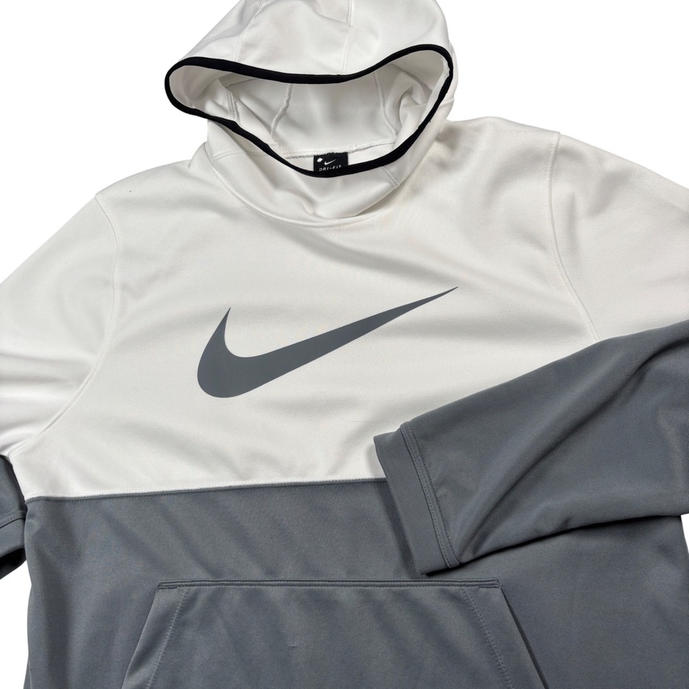 Nike Hoodie Mens Large‎ Gray White Swoosh Dri-Fit Pullover Sweatshirt Activewear